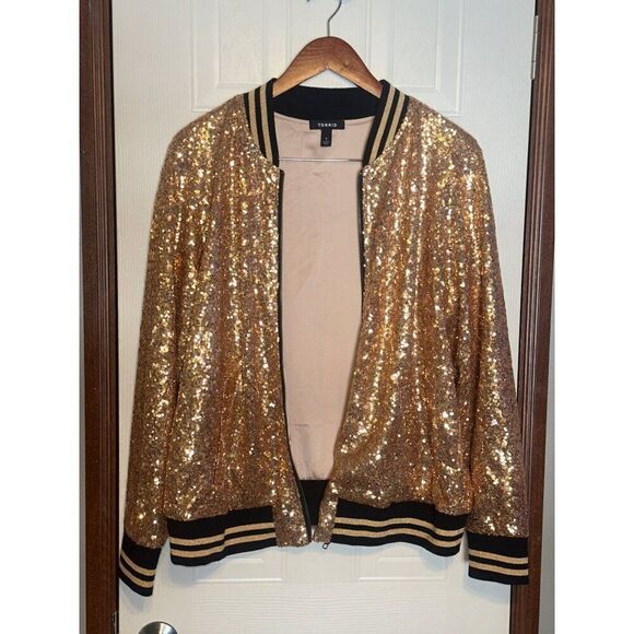 Torrid Allover Gold &โBlack Sequin Long Sleeve Bomber Jacket Pockets Lined SZ1X - Picture 5 of 16